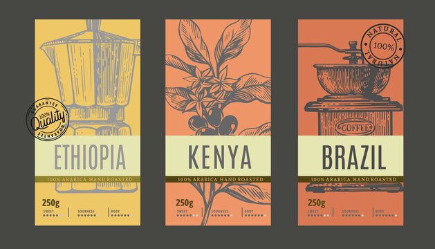 Packaging design for coffee. Sketch drawing art for packaging label 