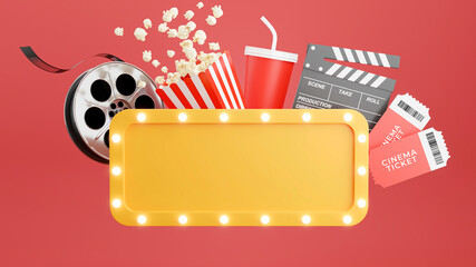 3d render of cinema billboard,popcorn,filmstrip,clapper,tickets,mug