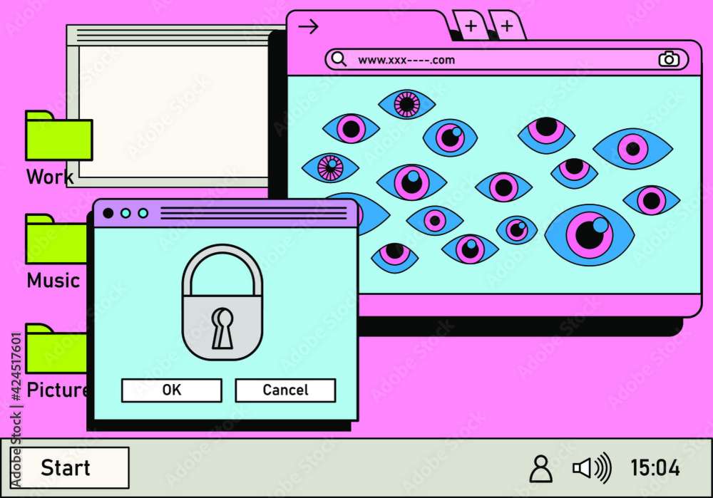 Poster Retro vaporwave desktop with message boxes and user interface elements. A conceptual illustration of ransomware, spyware and computer security.