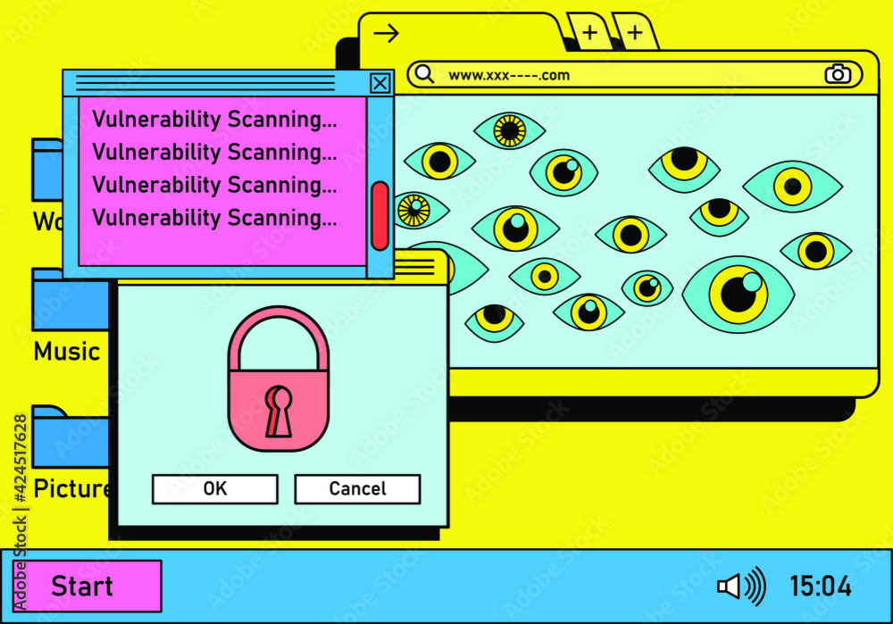 Aufkleber Retro vaporwave desktop with message boxes and user interface elements. A conceptual illustration of ransomware, spyware and computer security.