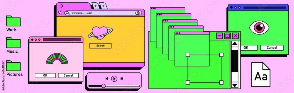 Poster Retro vaporwave desktop with message boxes and user interface elements. A conceptual illustration of website and application programming.