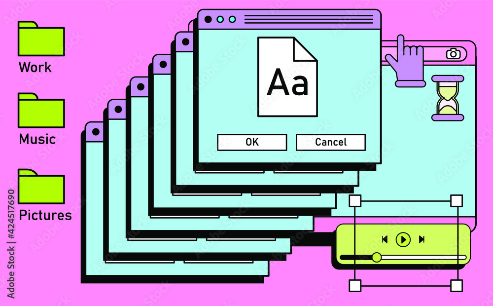 Poster Retro vaporwave desktop with message boxes and user interface elements. A conceptual illustration of website and application programming.