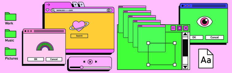 Retro vaporwave desktop with message boxes and user interface elements. A conceptual illustration of website and application programming. - obrazy, fototapety, plakaty