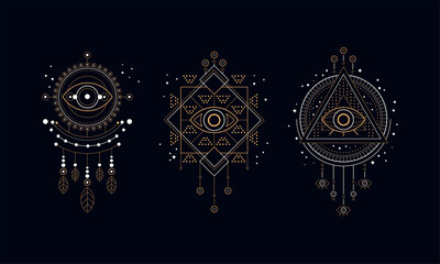 Luxury Dream Catchers Set, Golden Ethnic Symbols with Feathers, Beads and Jewels Vector Illustration