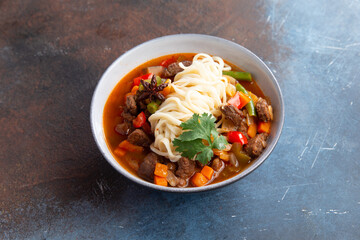 Laghman is a traditional beef noodle soup.