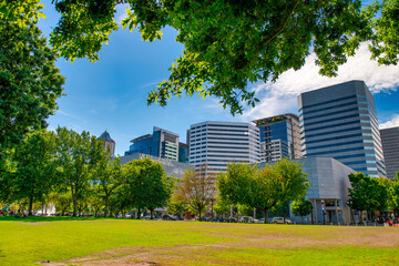 Portland, Oregon. City park and buildings on a sunny day