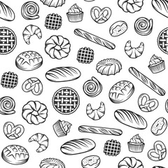 Bakery vector seamless pattern with engraved elements. Background design with bread, pastry, pie, buns, sweets, cupcake.