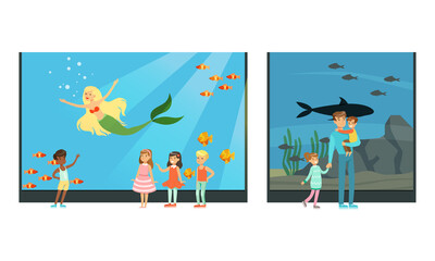 People Visiting Oceanarium, Visitors Watching Underwater Scenery with Sea Animals and Mermaid at Excursion Vector Illustration