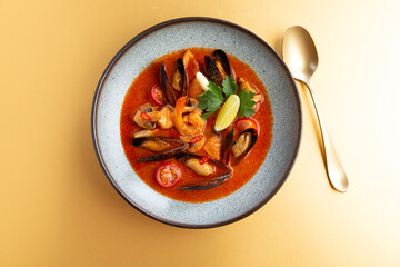 Traditional soup with seafood on a yellow background.