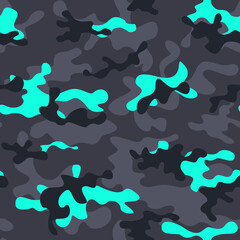 Camouflage black background, blue spots seamless trendy pattern on print