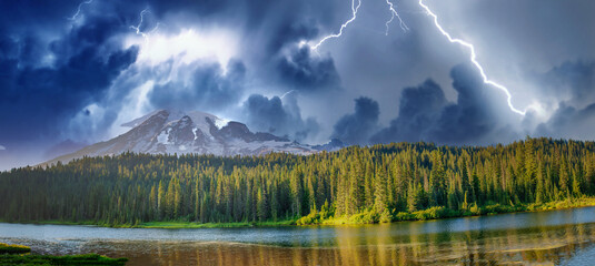 Amazing sunset panoramic view of Mount Rainier with approaching storm, Washington, USA