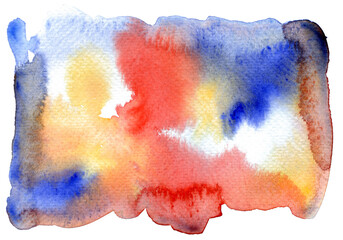 Abstract colorful blue, red and orange shades watercolor splashing background. Beautiful color shades by hand drawing