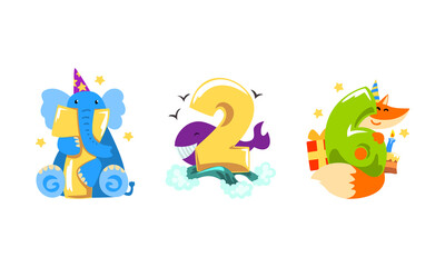 Birthday Anniversary Numbers with Cute Animals Set, Funny Elephant, Whale, Fox with Seven, Two, Six Numbers Cartoon Vector Illustration
