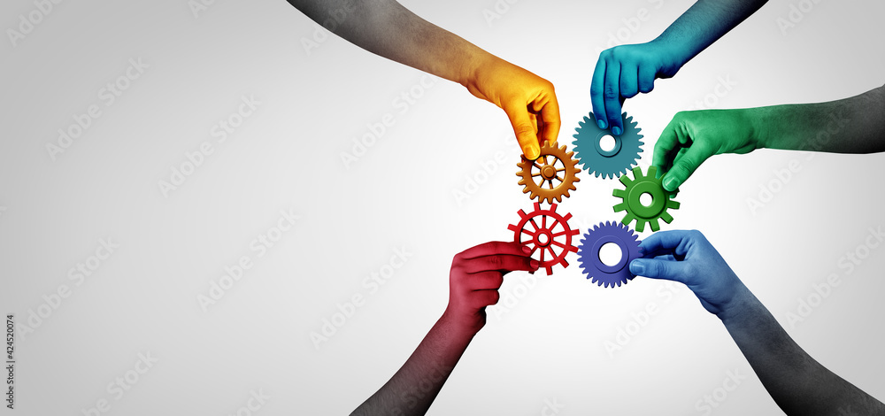 Poster Connect team concept and unity or teamwork idea as a business metaphor for joining a partnership as diverse people connected together as a corporate symbol for cooperation and working collaboration