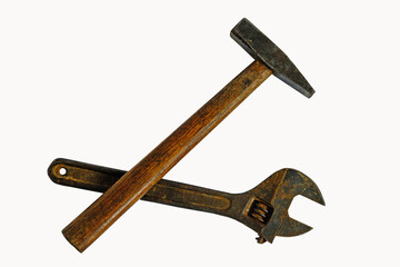 Vintage style repair tools. White isolated background. Hammer