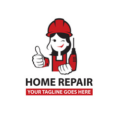 icon of lady builder in safety helmet with drill isolated on white background