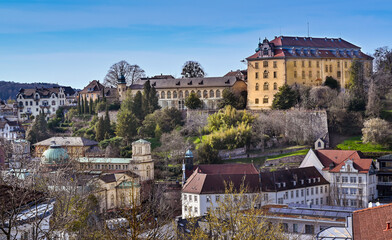 Naklejka premium The Bathing district in Baden Baden with the New Castle and famous Friedrichsbad and the collegiate church. Seen from Anna mountain. Baden Wuerttemberg, Germany, Europe