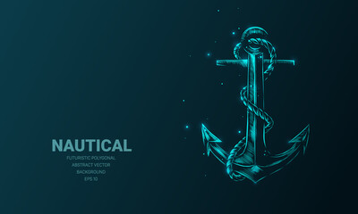Futuristic illustration with hologram neon nautical anchor sketch, concept glowing icon sign on dark background. © AkimD