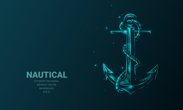 Futuristic illustration with hologram neon nautical anchor sketch, concept glowing icon sign on dark background.
