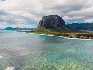 Landscape with Le Morne mountain, lagoon and beach in Mauritius. Aerial view