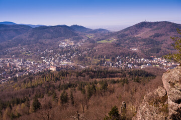 Fototapeta na wymiar View of the spa town of Baden Baden and the Black Forest. Seen from the battert rock. Baden Wuerttemberg, Germany, Europe