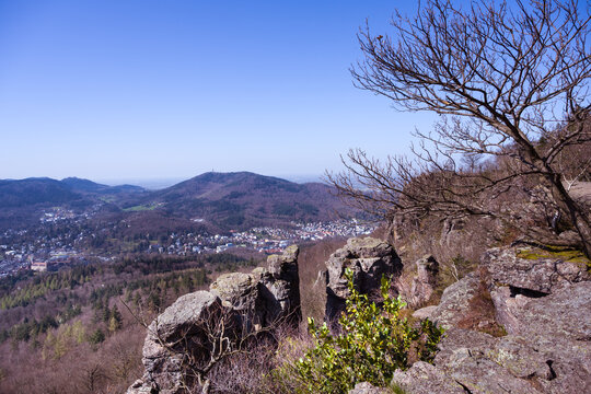 View of the spa town of Baden Baden and the Black Forest. Seen from the battert rock. Baden Wuerttemberg, Germany, Europe