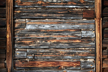 The surface of an old wooden wall with a frame on the edges. Natural vintage wood background. Horizontal orientation.