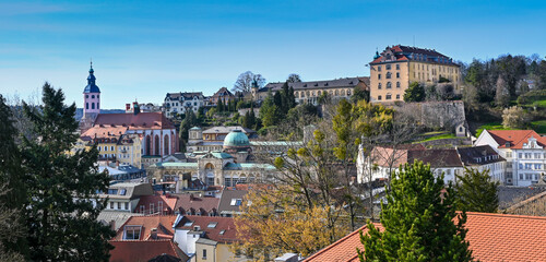 The Bathing district in Baden Baden with the New Castle and famous Friedrichsbad and the collegiate...