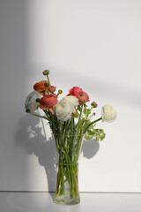 Ranunculus flowers in a glass vase on a light background. Flower concept.