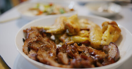 Roasted pork and chicken in chinese style family homemade dinner