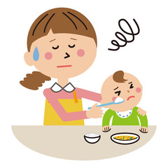 ポップな親子　赤ちゃんとママ　離乳食　食べない