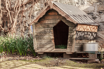Big wooden doghouse and a bowl near stone wall in the yard or park. Side view, copy space