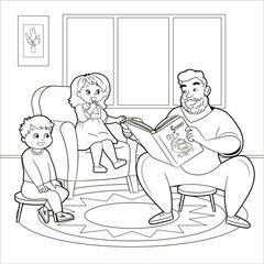 Coloring book father reads to son and daughter a book with stories.Vector illustration, black and white line art