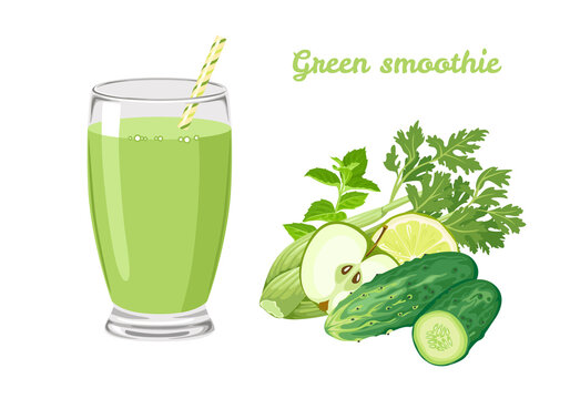  Vegan detox green smoothie. Healthy organic drink in glass with straw and group of vegetables and fruits. Apple, lime, celery, cucumber and mint. Vector food illustration in cartoon flat style.
