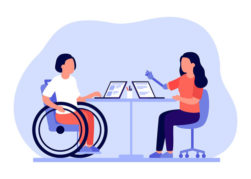 Employee People With Disabilities And Inclusion Work Together In Office. Disabled Different People On Wheelchair And With Prothesis Sit And Communicate Using Laptop. Handicap Persons Work. Vector Flat