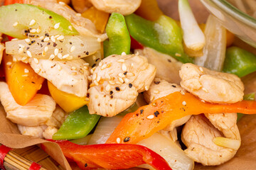 Boiled meat with stewed ovodes and sesame
