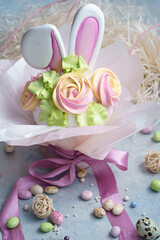 confectionery pastries, gingerbread and drawing made with the help of a pastry printer, Easter composition, Easter eggs, Easter bunny