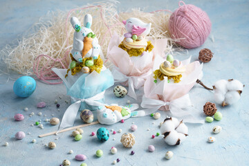 Fototapeta premium confectionery pastries, gingerbread and drawing made with the help of a pastry printer, Easter composition, Easter eggs, Easter bunny