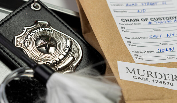 Police badge next to evidence bag, concept image