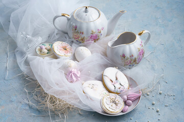 confectionery pastries, gingerbread and drawing made with the help of a pastry printer, Easter composition, Easter eggs, Easter bunny