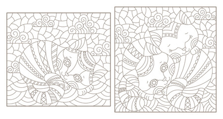 Fototapeta na wymiar Set of outline illustrations in the style of stained glass with abstract cats , dark outlines on white background, rectangular images