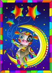 Stained glass illustration with a cartoon cute cow on the moon with balloons, a rectangular image in a bright frame
