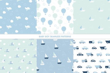 Vector set of seamless patterns for baby boys in blue tones. Airplane, balloon, boat, helicopter and cars backgrounds.