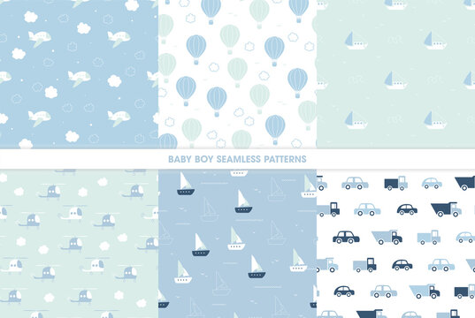 Fototapeta Vector set of seamless patterns for baby boys in blue tones. Airplane, balloon, boat, helicopter and cars backgrounds.