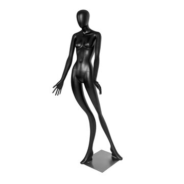 Modern plastic black mannequin with elongated limbs for designers isolated on white background. Front view