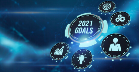 Internet, business, Technology and network concept.virtual screen of the future and sees the inscription: 2021 goals