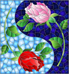 Illustration in stained glass style with rose flowers on a blue background, rectangular image