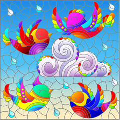 Obraz premium Illustration in stained glass style with bright cute birds and a cloud on a background of blue sky and raindrops, rectangular image