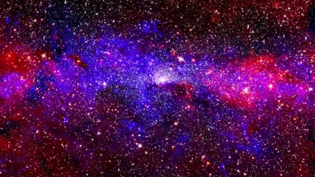 point of view moving blue and red nebula clouds floating in the universe.
