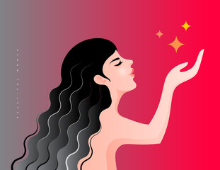 Beautiful woman side face with black hair, playing with stars in red background, Elegant girl with modest expression and closed eyes, Vector illustration of female model, Fashion and beauty.